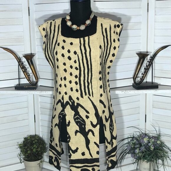 Vintage 70s African Mud Cloth Duster Vest Cream/Black Size Medium - Picture 10 of 14